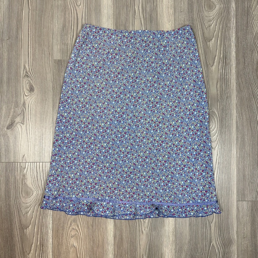 Y2K 90s Express World Blue Floral Midi Skirt w/ Ribbon Detail - SIZE 3/4 (SMALL)